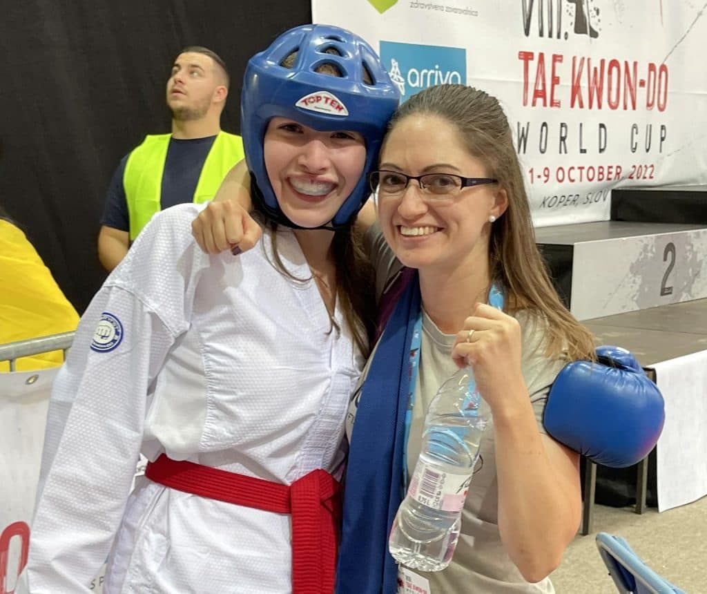 Mrs Swain with a competitor at the Taekwon-Do World Cup